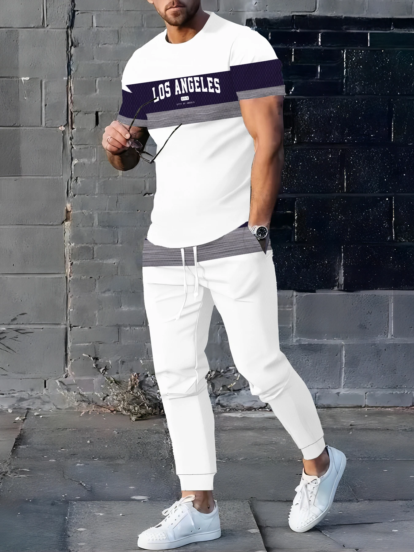 

New Stripe Print Men's T-shirt Street Style Men's Fashion Trousers Autumn And Winter Men's Warm T-shirt And Trousers Set