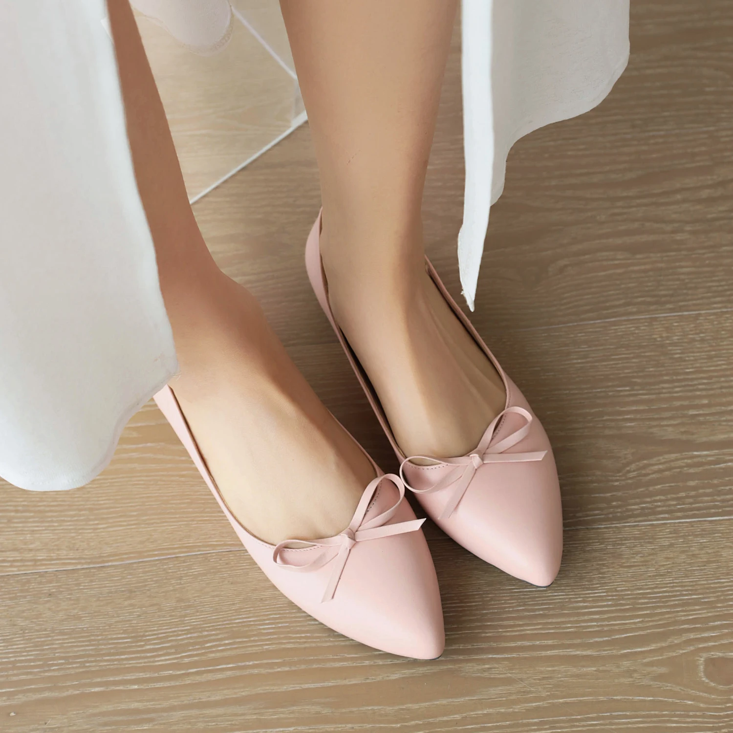 Sweet Flats Women Leather Shoes Butterfly Knot Casual Size 34-45 Spring Autumn Pointed Toe Comfy Flats