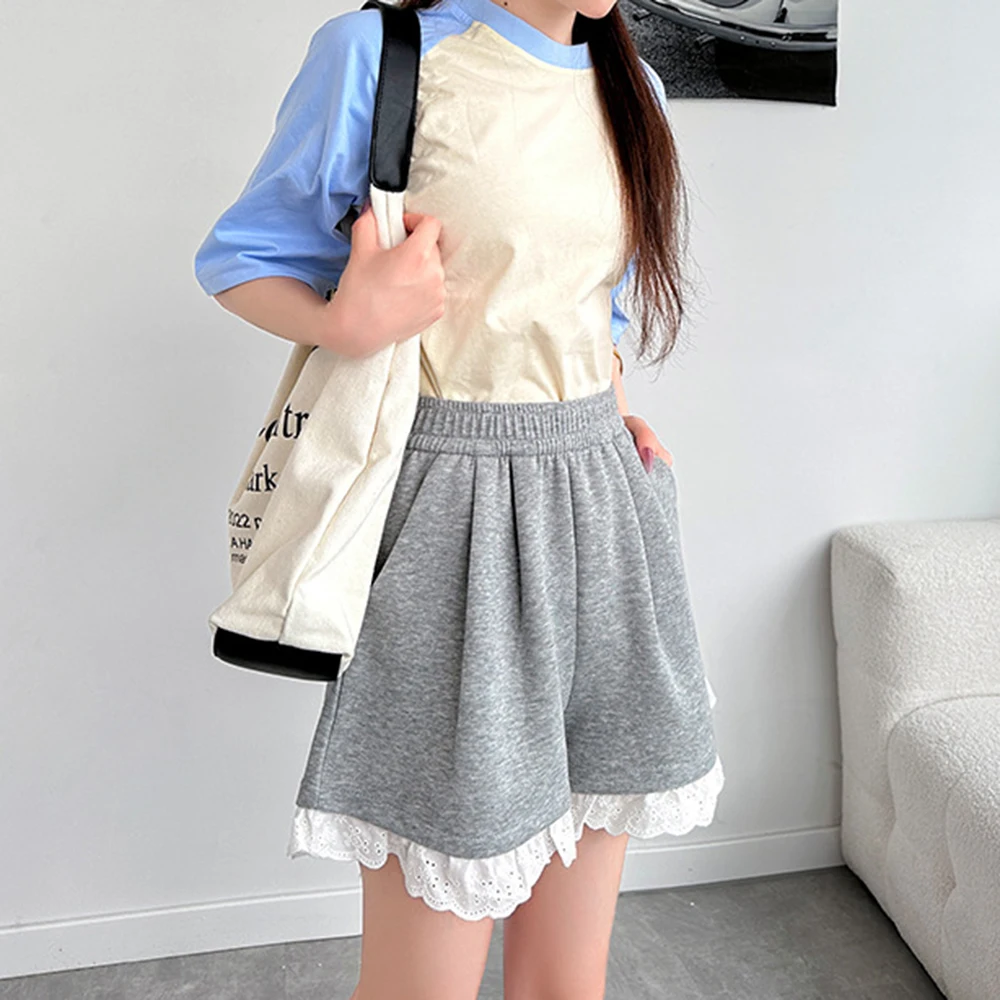 High Waisted Loose Shorts for Women Featuring Lace Hem Trim Lightweight Polyester Fabric for Daily and Holiday Wear