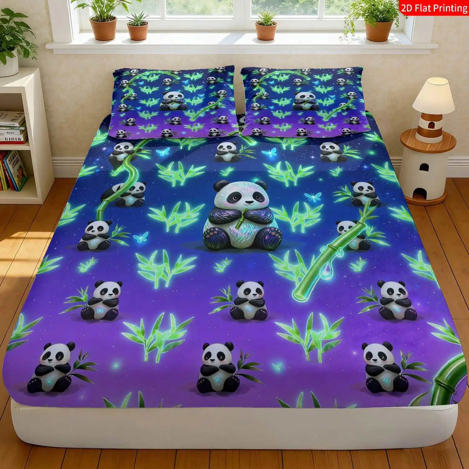 3-Piece Mattress Protector Set, 2D Flat Printed Fitted Sheet, Flat Printed Fitted Sheet, Dreamy Panda Bedding, Bamboo Leaf and Butterfly Print, Bedroom Decor, Holiday-Themed Fitted Sheet and Pillowcase, Mattress Protector, Stain-Resistant, Mattress Cover Suitable for All Seasons, Machine Washable, Easy to Care For, Suitable for Home and Bedroom Use, Essential for Dorms and Rentals, Master Bedroom and Guest Room Decor, Dust-Proof and Stain-Resistant, High Elasticity, Fits Various Sizes