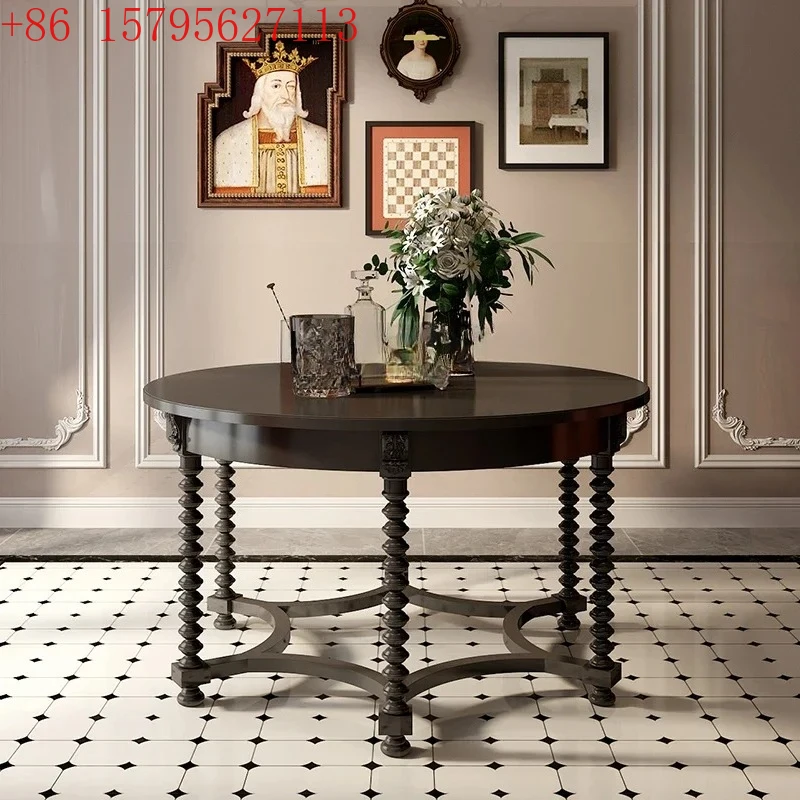 

Круглый обеденный стол и стул из цельного дерева в американском стиле ретро, комбинированный обеденный стул, обеденный стол с французской гравировкой, бытовой9344