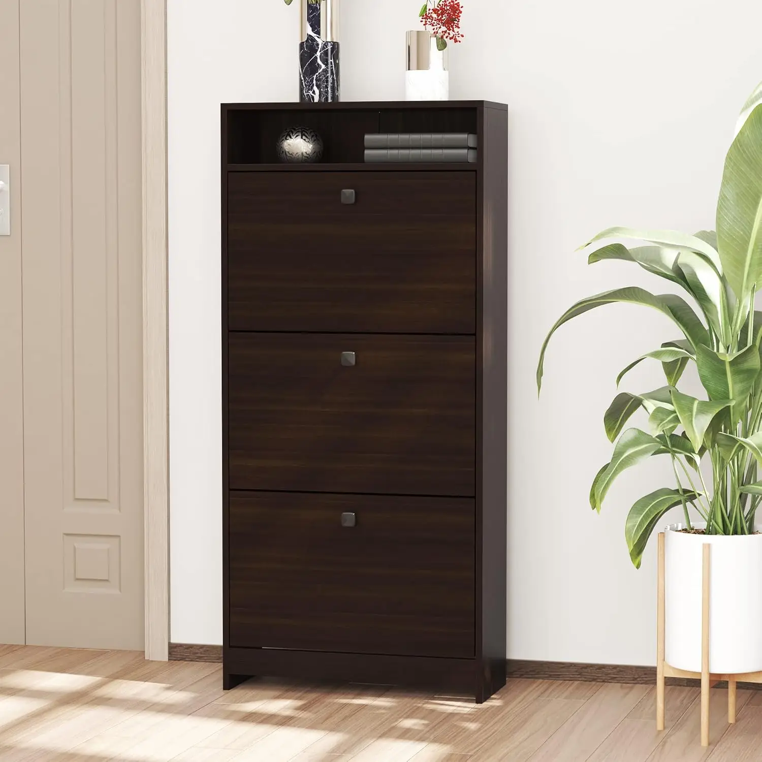 Shoe Cabinet, Trendy Shoe Storage Cabinet with 3 Large Fold-Out Drawers & a Spacious Top Surface