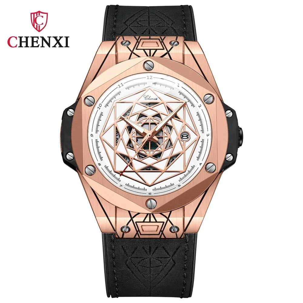 CHENXI New Fashion Men Sport Watches Waterproof Large Dial Luminous Watch for Men Leather Strap Calendar Wristwatch Male Relogio