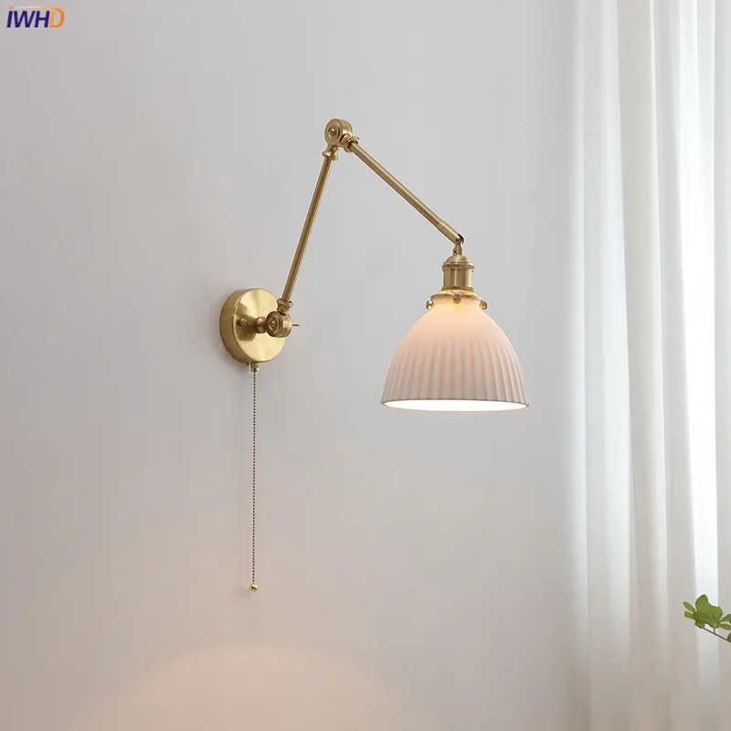 IWHD Pull Chain Switch LED Wall Lights Sconce Up And Down Copper Swing Long Arm Ceramic Lampshade Nordic Modern Wandlamp Lampara