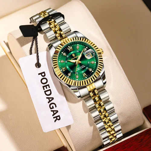 POEDAGAR, relojes elegantes para mujer, resistente al agua, fecha luminosa, exquisito reloj de pulsera para mujer, reloj de cuarzo de acero inoxidable para mujer