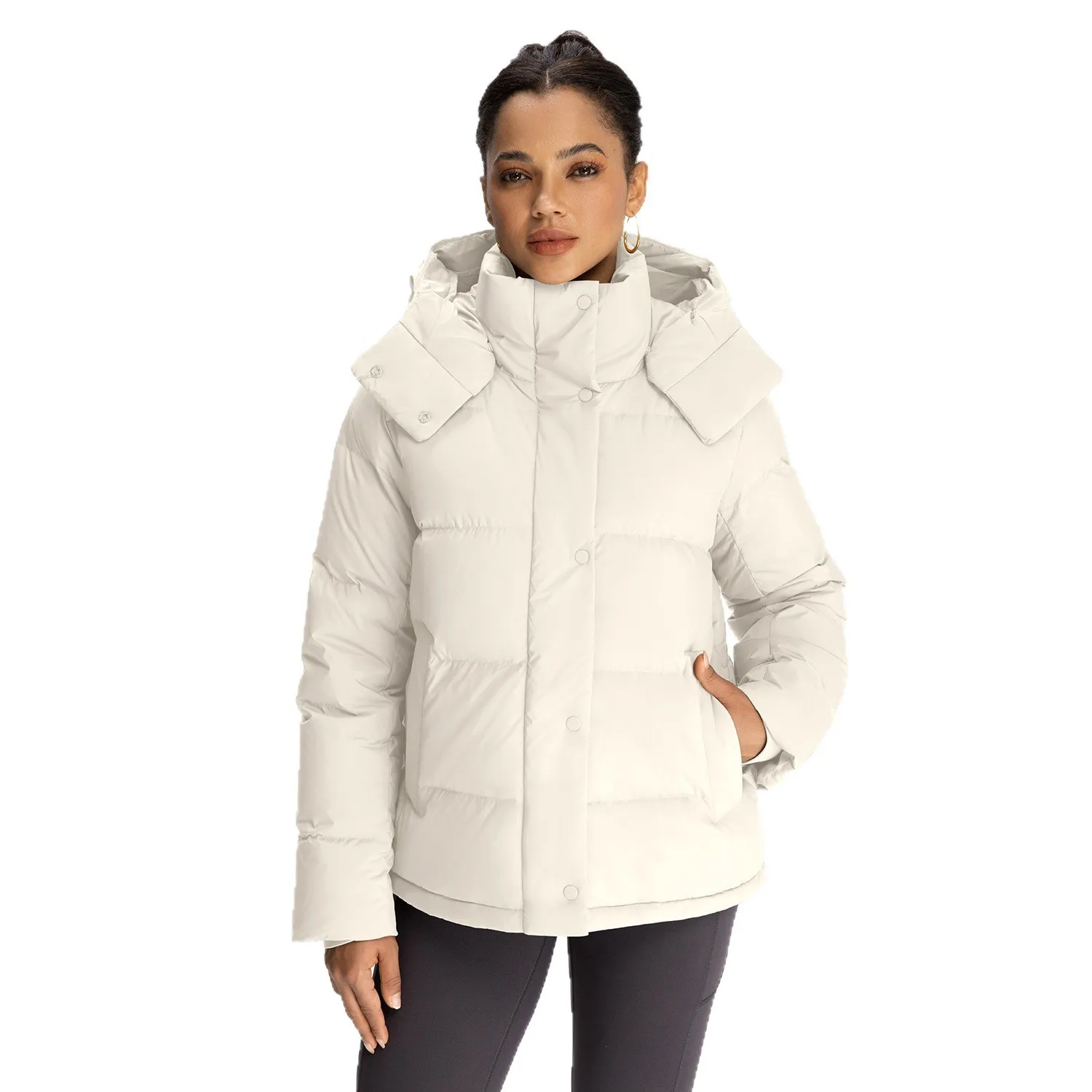 Women's Winter Hooded Long Sleeve Solid Color Slimming Jacket with Quilted Design and Drawstring Waist for Female Outerwear