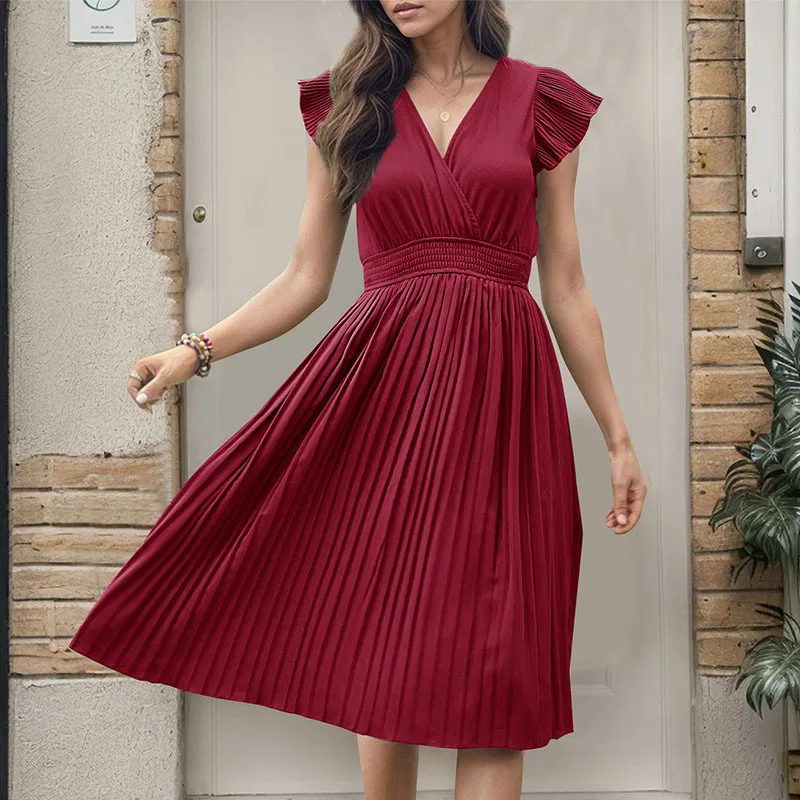 Summer New Minimalist Dress Temu New Women\'s V-neck Feifei Short Sleeved High Waisted Pleated Skirt Solid Color Mid Length Skirt