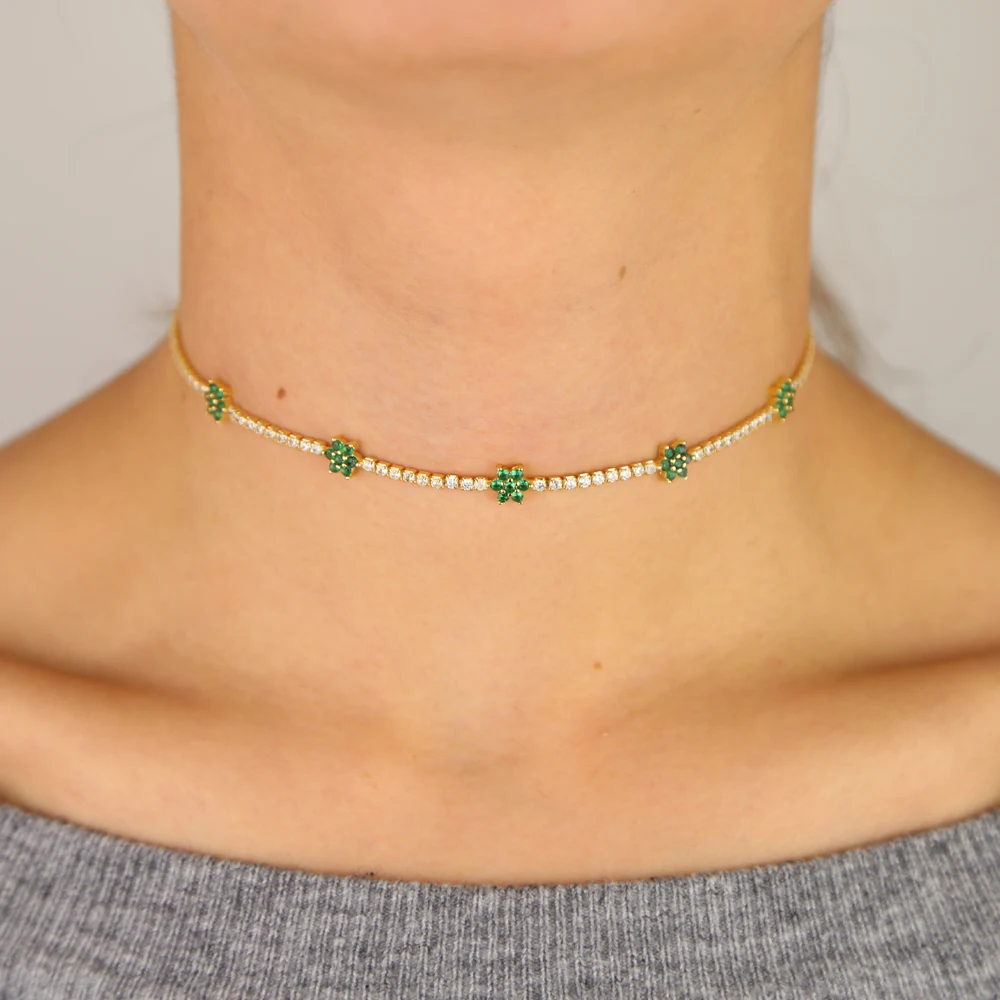 2026 spring summer gift jewelry tennis cz choker thin chain flower charm green red orange white colorful choker necklace