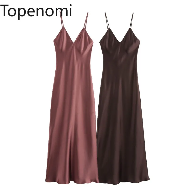 Topenomi Women Satin Suspender Long Dress French Elegant Sleeveless Slim Long Dresses Fashion Evening Party Backless Vestidos