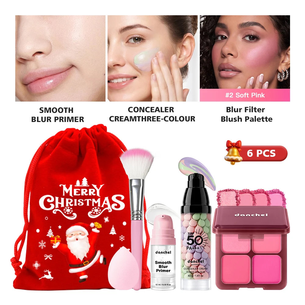 6Pcs Blur Primer 3‑Color Concealer Cream 4‑Shade Blush Palette Beauty Sponge Xmas Drawstring Bag Face Makeup Christmas Gift