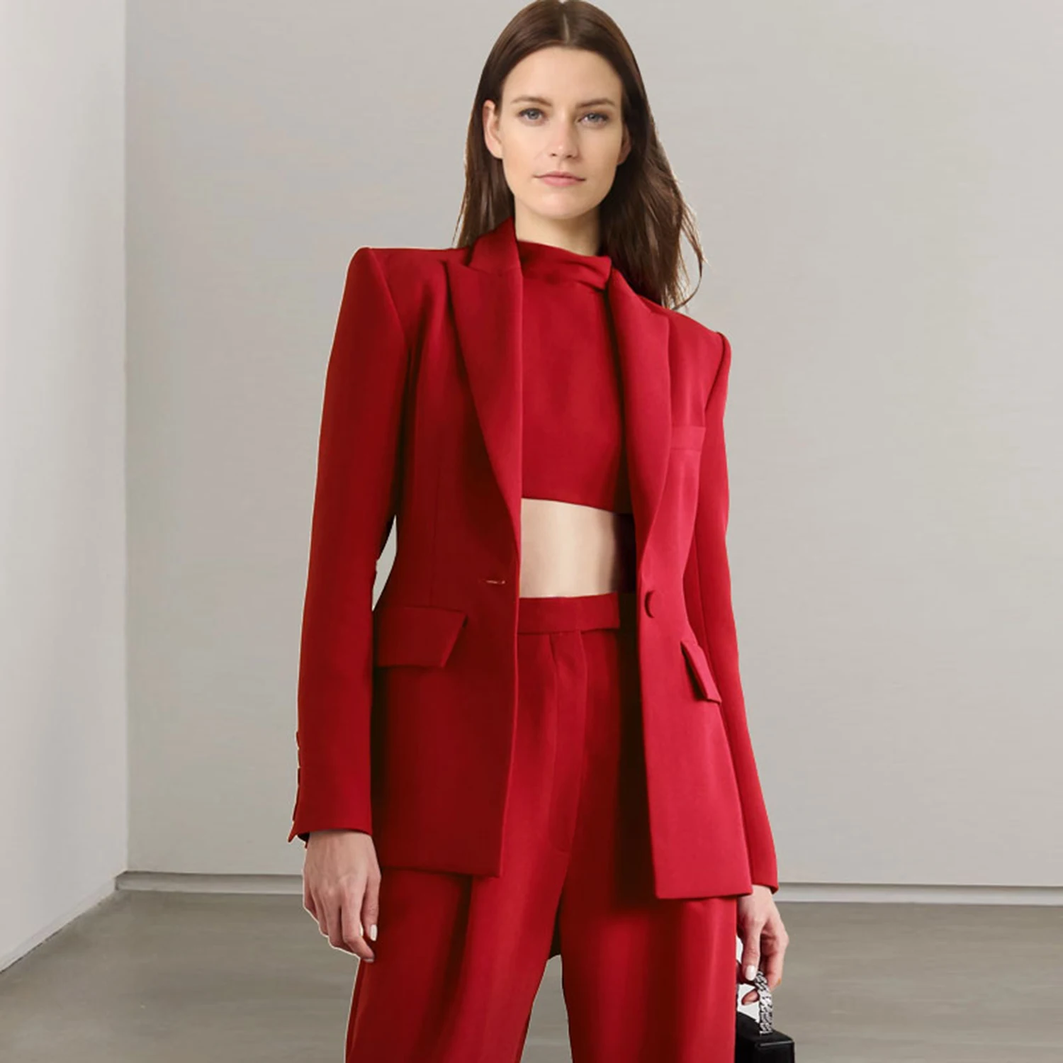 Allingentle Rot Revers Damen 2-teiliges Set Business-Anzug Mode Langarm Anzug Jacke Hosenanzug Set Anpassen