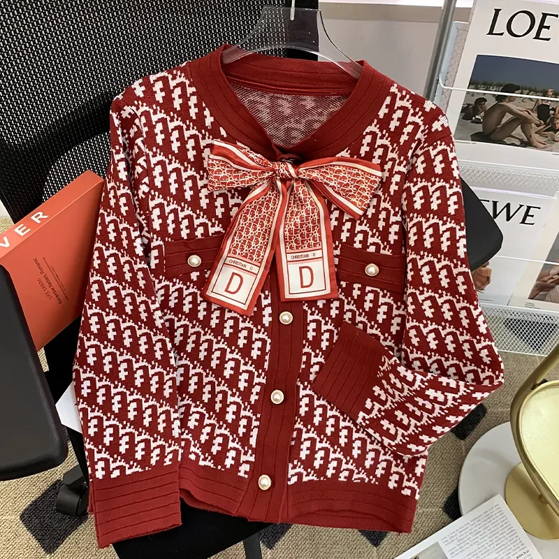 Spring Autumn Sweater Coat Women 2024 New Fashion Knitting Cardigan Tops Leisure Loose Red Black Round Collar Outerwear Female