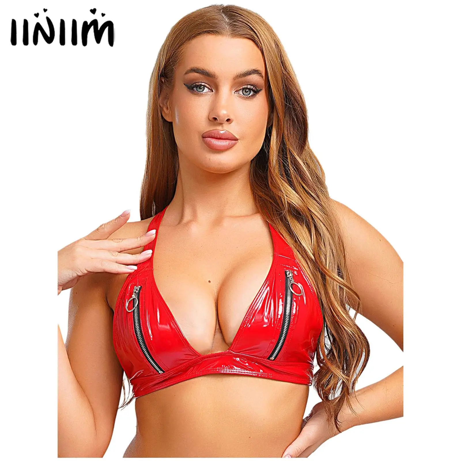 

Womens Wet Look Patent Leather Latex Bra Tops Zipper No-pad Cup O-ring Y-back Bralette Crop Tops Clubwear Disco Party Costume