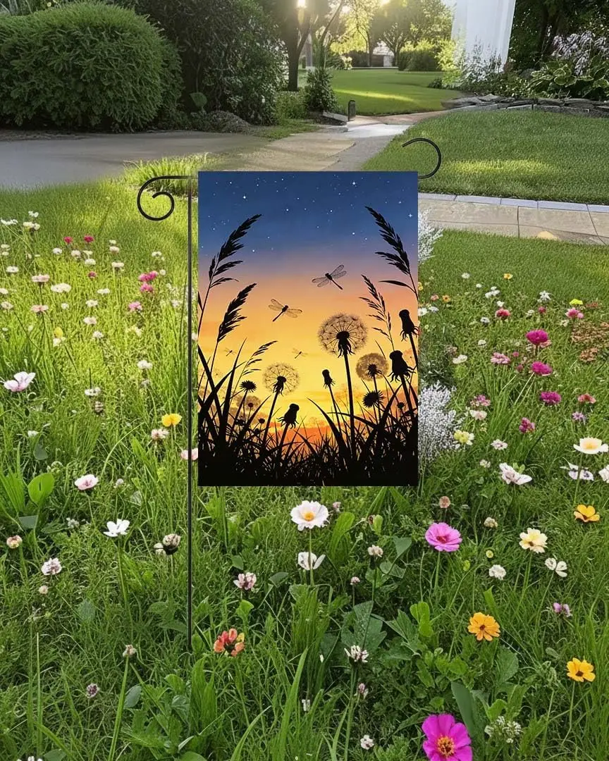 Summer Spring Scenery Dragonfly Night Sunset Over The Swamp Garden Yard Flag 12 x 18 Inch, Double Sided Outdoor Decorative W zzo