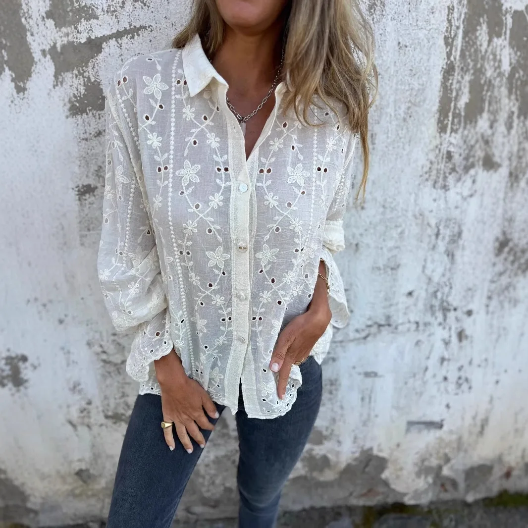 

2025 Autumn New Versatile Solid Color Women Casual Top Temperament Embroidered Hollow Female Cotton Linen Long Sleeved Shirt
