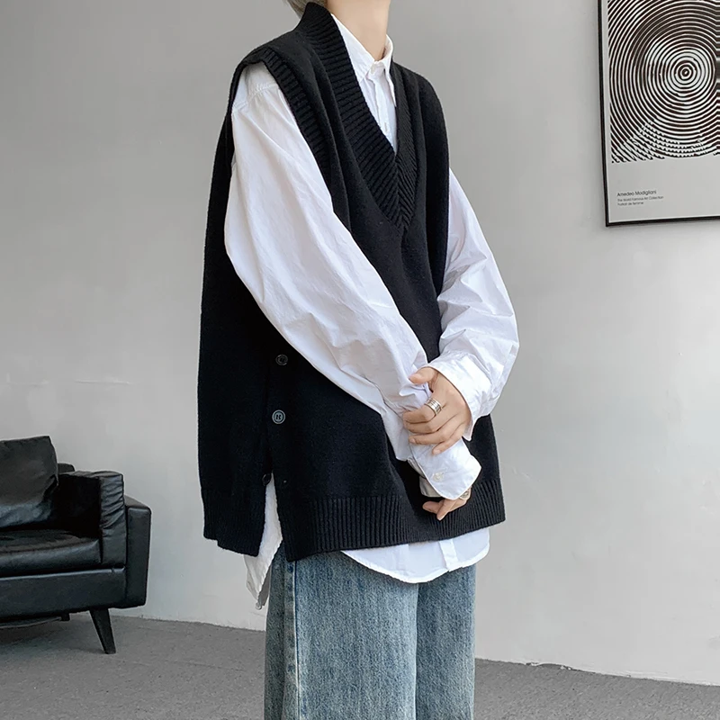 Winter Sweater Vest Men Warm Fashion Casual V-neck Knitted Pullover Men Korean Loose Sleeveless Sweater Mens Jumper Clothes