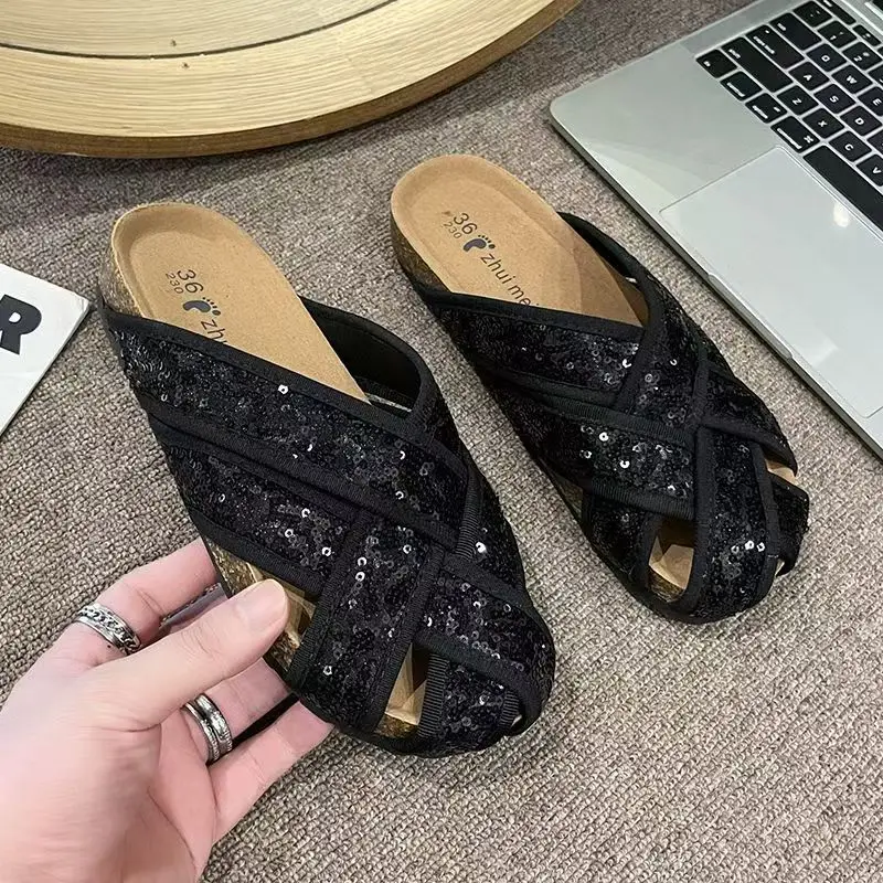

2025 Fashionable sequined slippers, summer woven cross sandals, comfortable and breathable casual women's shoes