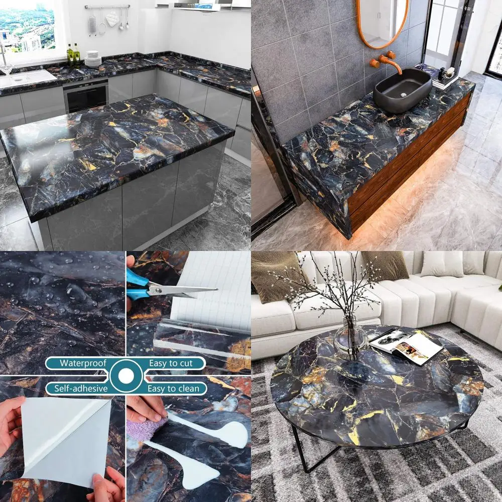 

Самоклеящиеся обои под мрамор, 32x354 дюйма, глянцевые сине-золотые, водонепроницаемые для кухонных столешниц и стен в ванной