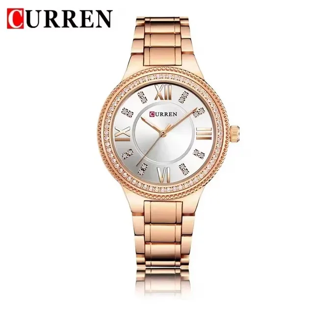 CURREN 9004 Women's Quartz Watch Elegant Fashion Luxury Diamond Rose Gold Silvery Stainless Steel Strap Wristwatch for Ladies ﻿