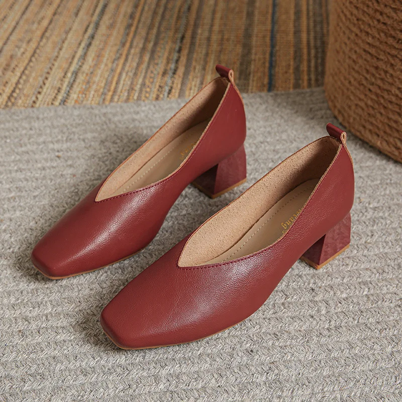 Spring Elegant Woman Square Toe Shallow 4CM High Heel Kawaii Retro Female Shoes Red Black Concise Barefoot Girl Loafers Shoes