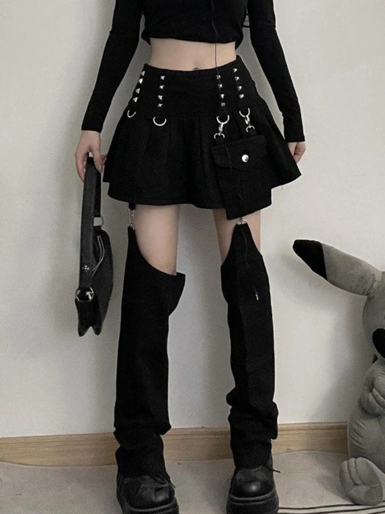 

2023 Riveted Kpop Pleated Mini Skirt Women Gothic Streetwear Y2K Hollow Out Trouser Legs Black High Waist Denim Skirt Summer 90s