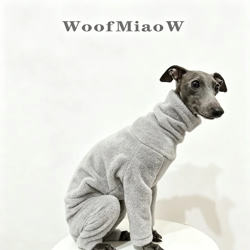 Warme, mit Fleece gefütterte Hundekleidung, vierbeiniger Overall für Italienische Windhunde und Whippets, Winter-Haustier-Homewear mit hohem Kragen in einfarbiger Ausführung – Detail 3