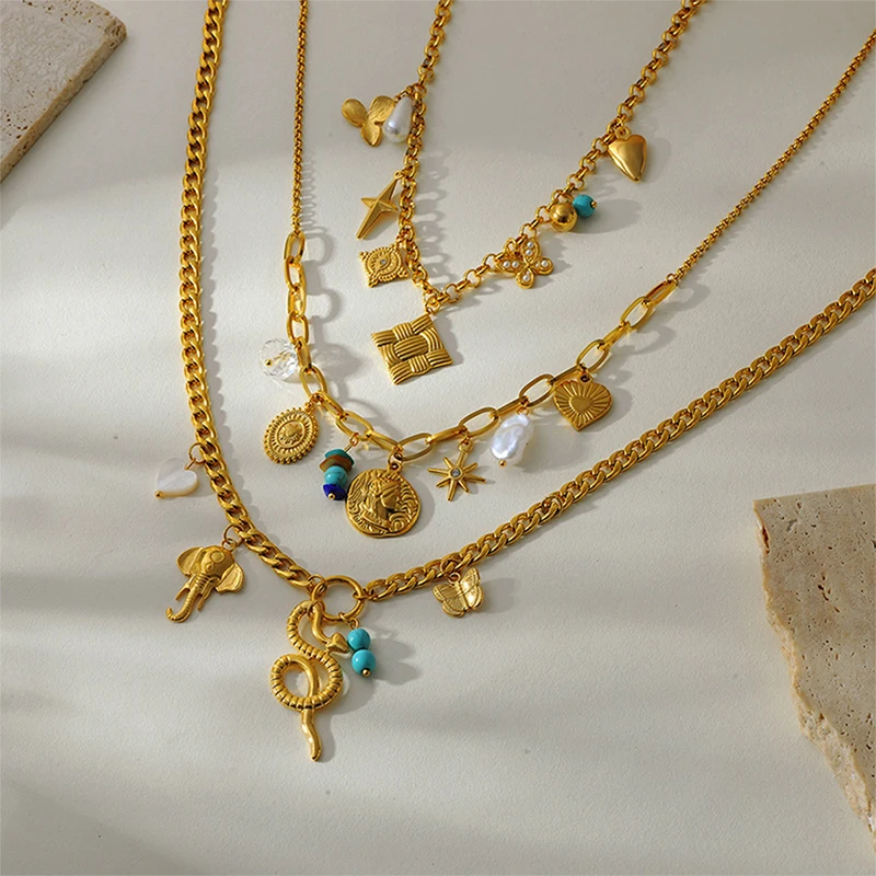 

PRISCA | Heart Flower Fringe Necklace Women Stainless Steel Ocean Wind Charm Jewelry Gold New Design Wholesale