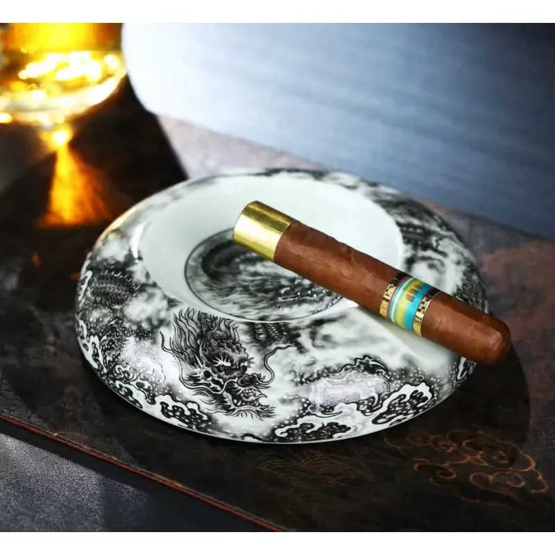 Large Round Ceramic Ashtray with Elegant Ink Dragon Pattern Decorative Ash Box for Home Bar Lounge Interior Design