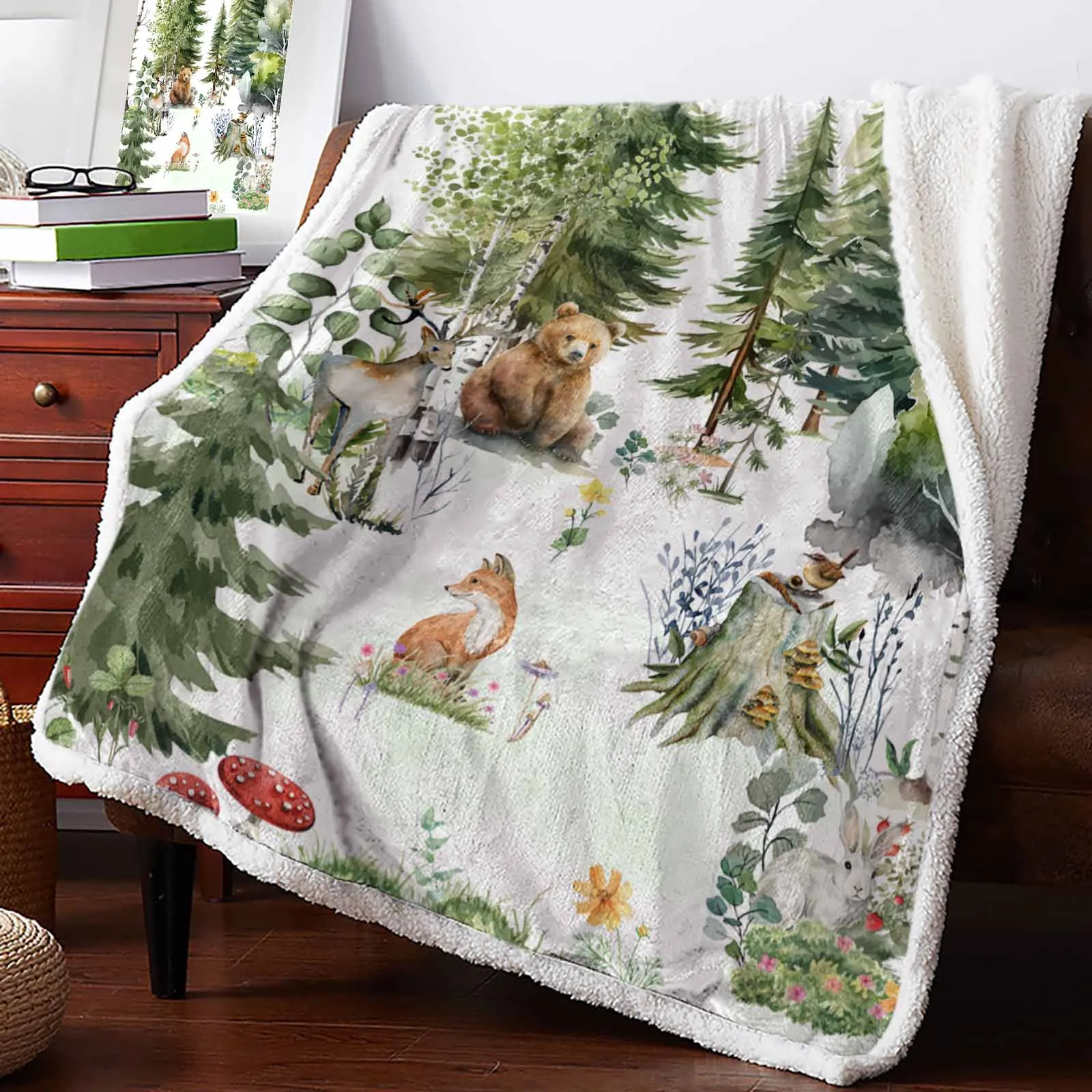 Watercolor Animals Bear Deer Rabbit Cashmere Blanket Warm Winter Soft Throw Blankets for Beds Sofa Wool Blanket Bedspread