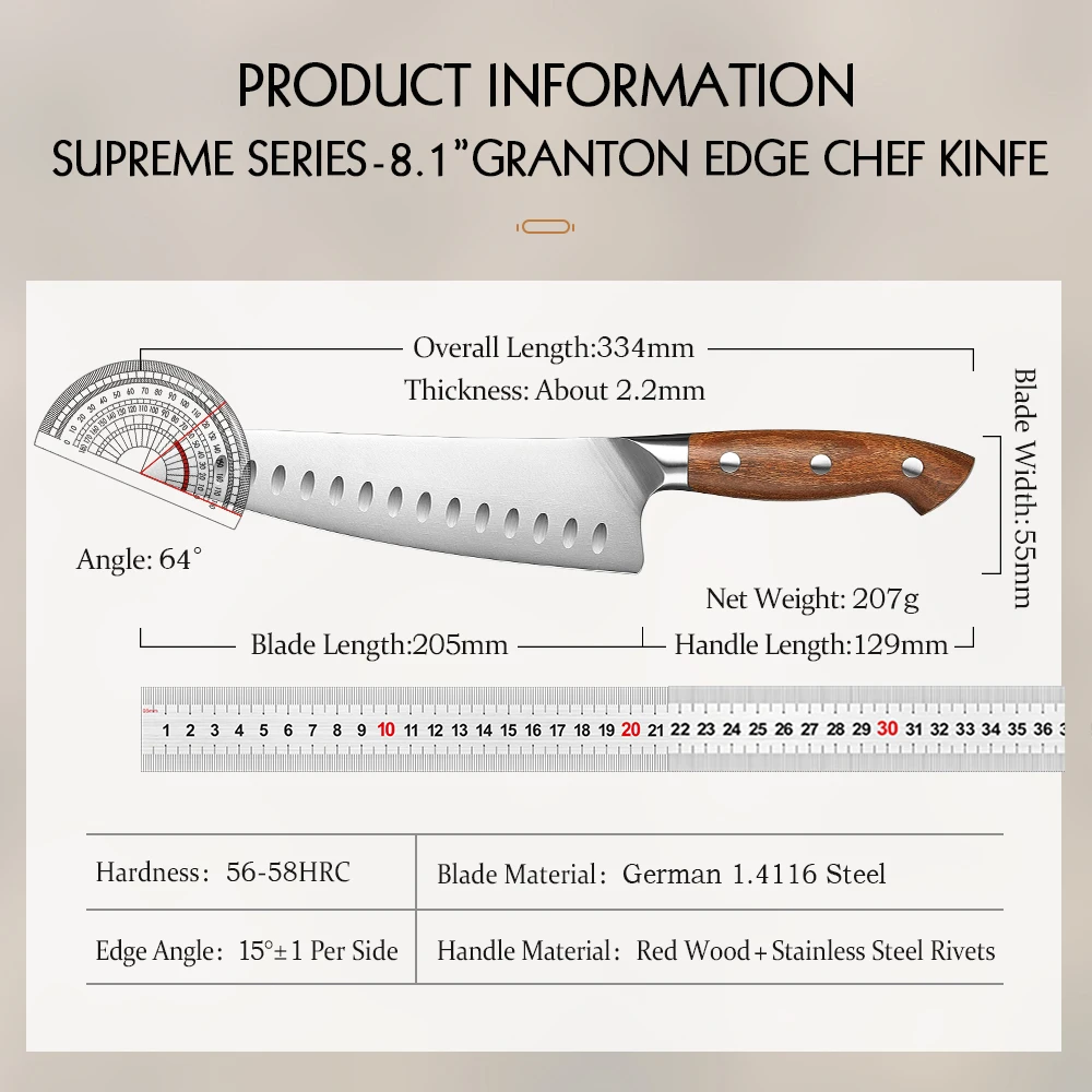 HEZHEN 8.1 Inch Granton Edge Chef Knife Original German Din 1.4116 Steel Kitchen Knives Gift Box Cooking Tools Redwood Handle