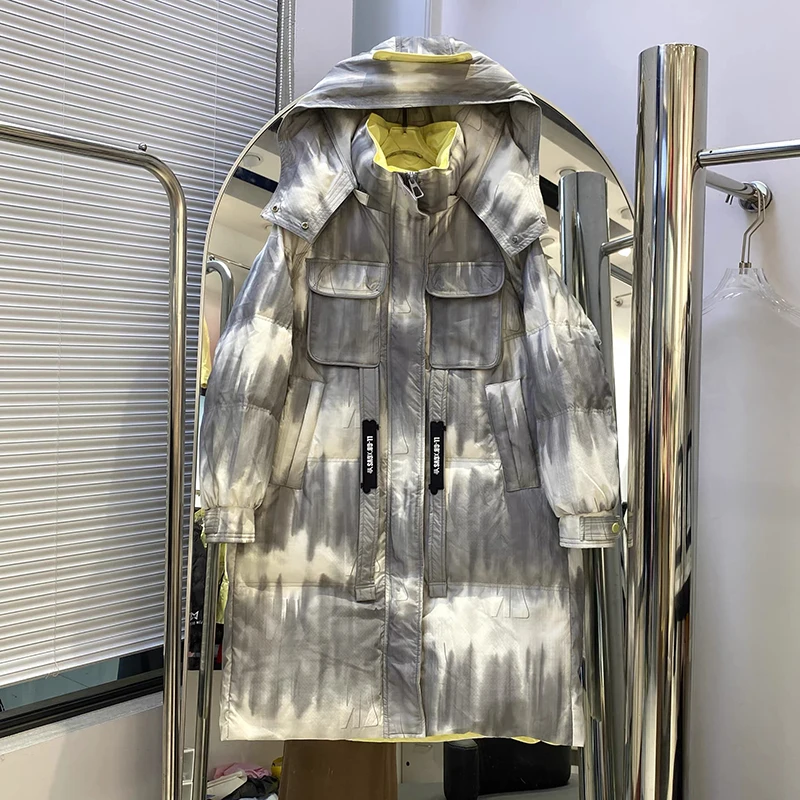 الشتاء طويل التدرج التعادل صبغ مقنعين أسفل سترة باركر الإناث الأبيض بطة أسفل الركبة طول السترات النساء سميكة مبطن أبلى #6