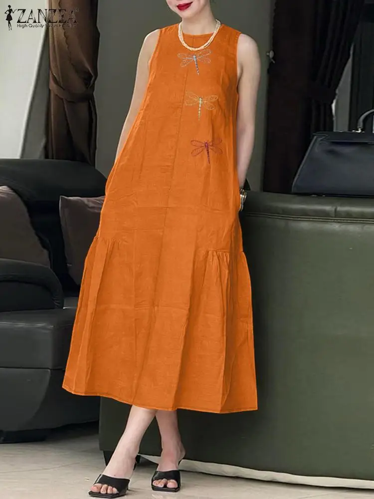 ZANZEA Women Sleeveless Ruffles Hem Midi Sundress Fashion Summer Embroidery Floral Dress Party Sarafans Casual Holiday Vestido