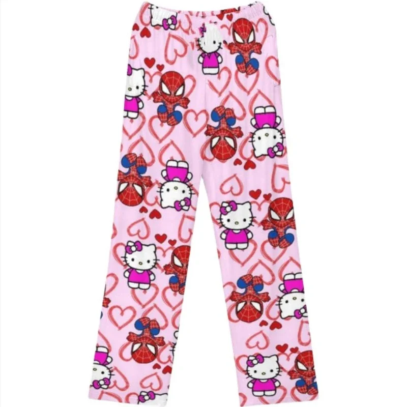 Pantalon de pyjama en coton Hello Kitty Spider-man pour femmes et hommes, bas de sommeil de dessin animé, vêtements de salon pour filles, pyjama pour dames, fjWomen