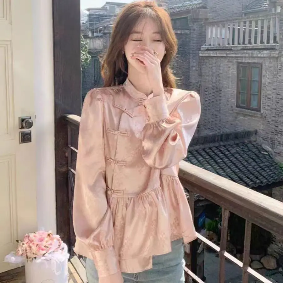 

Chinese Style Button Up Lantern Sleeve Shirt for Women's Spring Autumn New Casual Temperament Unique Blouse Elegant Chic Shirt