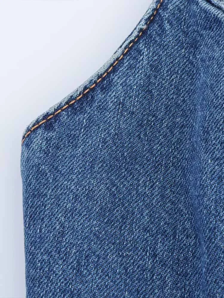 FDEY to     Letni kombinezon damski w stylu europejskim i amerykańskim, z temperamentem, dekolt w serek, dopasowany, wiązany na szyi, z odkrytymi plecami, dżinsowy.