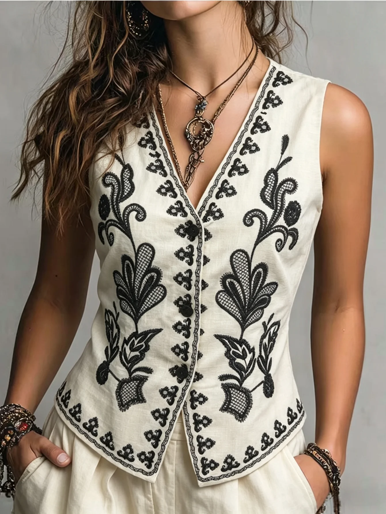 Women's New Linen Waistcoat Vest for Spring Summer Autumn, Exquisite Positioning Embroidery Design, Elegant Fitted Waist Sleevel