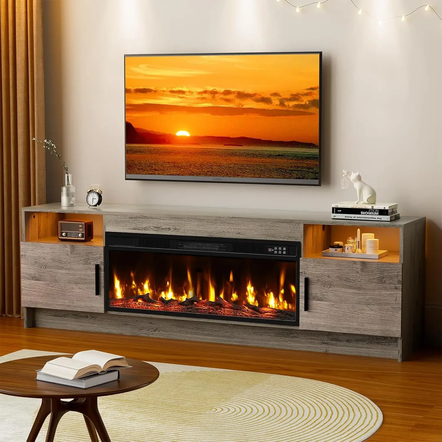 Fireplace TV Stand for 65-80 inch TV, Large Entertainment Center with Fireplace & LED Lights,High Gloss Living Room Storage