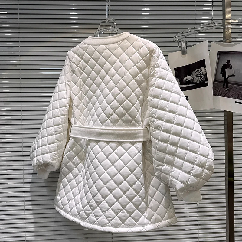 2025 winter new diamond grid pattern pressed cotton medium long loose cotton jacket women's solid simple round neck jacket