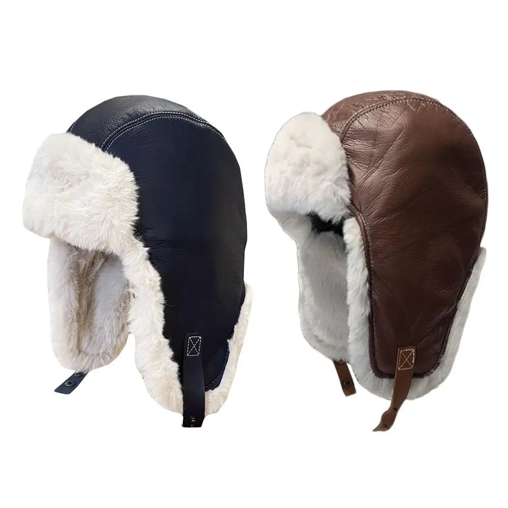 Winter Warm Cap for Men Women Windproof Soft Leather Thick Plush Faux Fur Hat Bomber Hat Ushanka Fur Hat Ski Cap Earflap Bonnet