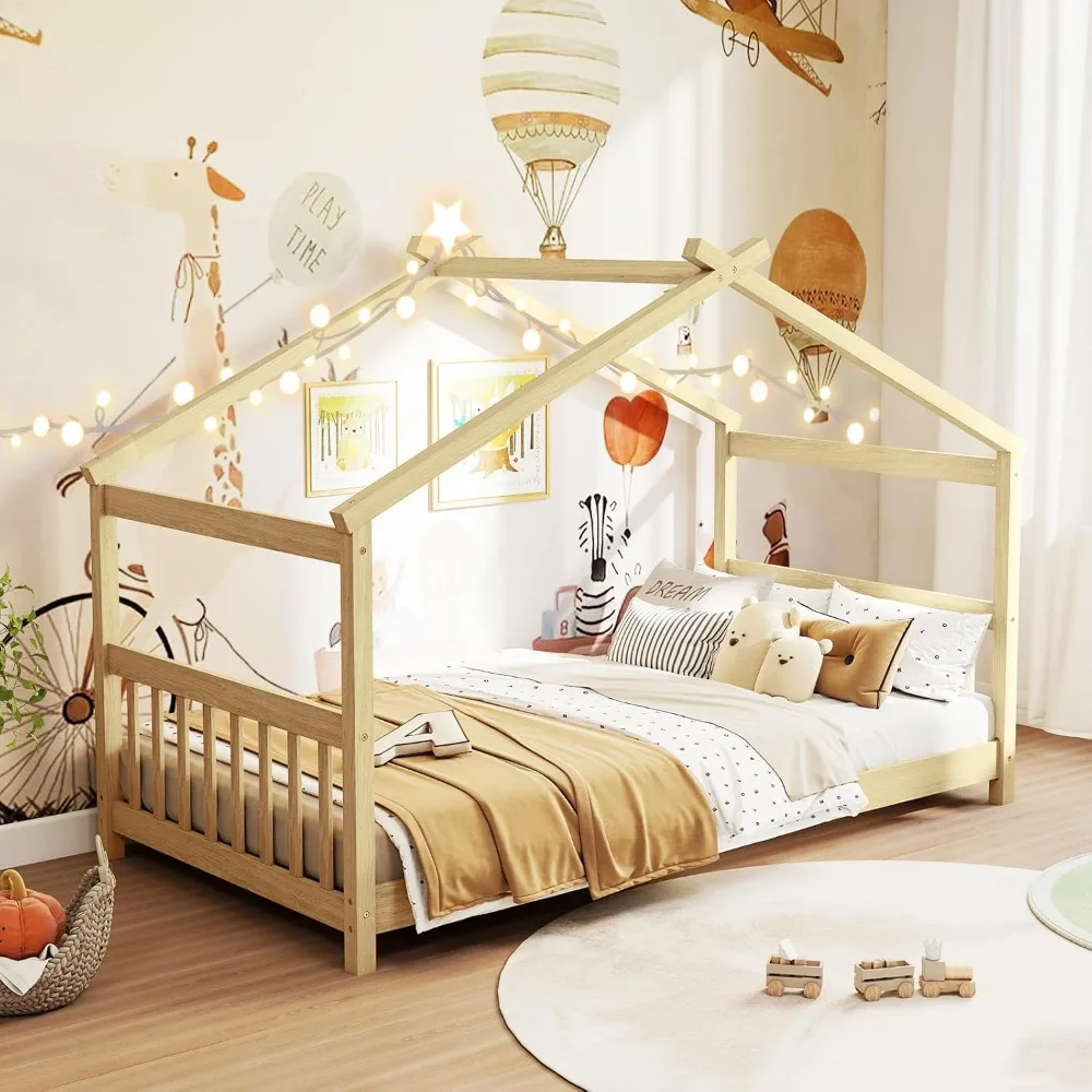 KOMFOTT Twin Floor House Bed with Headboard & Footboard, Wood Floor Bed Frame with Roof for Boys & Girls, No Box Spring Needed,