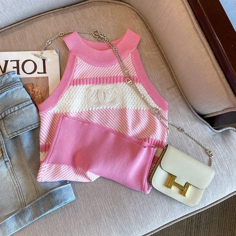 Pure Desire Sweet Spicy Striped Hanging Neck Vest Women Summer Style Outerwear Slim Fit Sleeveless Top Commute Korean Version