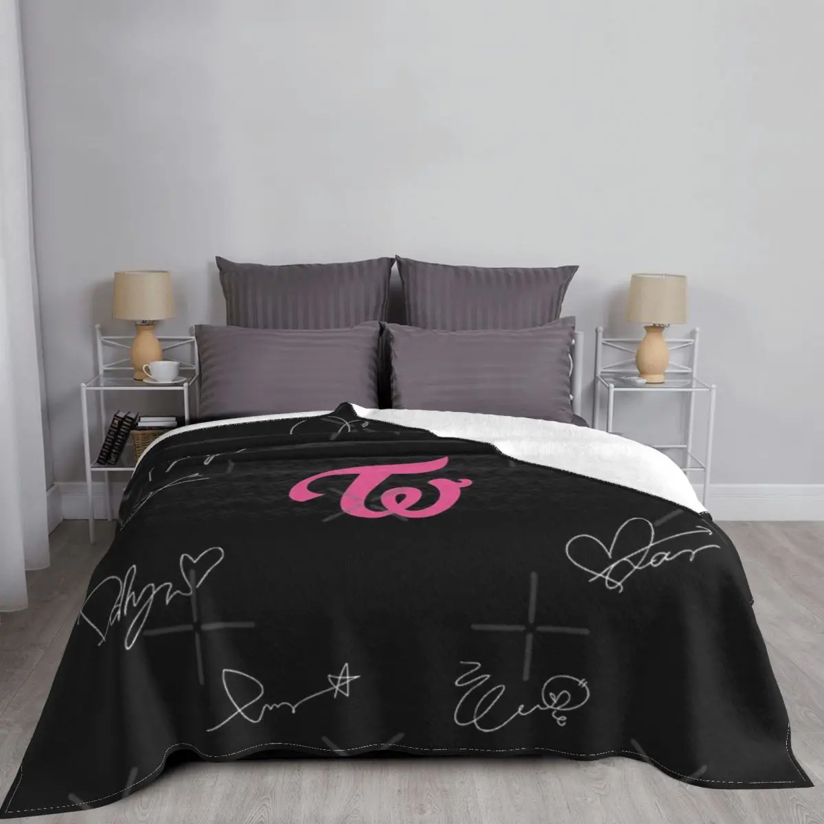 Twice Autographs With Logo (White) Blanket Bedspread On The Bed Anime For Kids