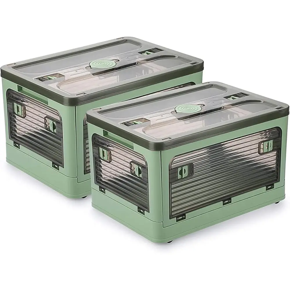

2 Pack Plastic 4 Doors Collapsible Storage Bins with Lid & Wheels, 36 Liters Folding Storage Bins, Stackable Multifunctional Box