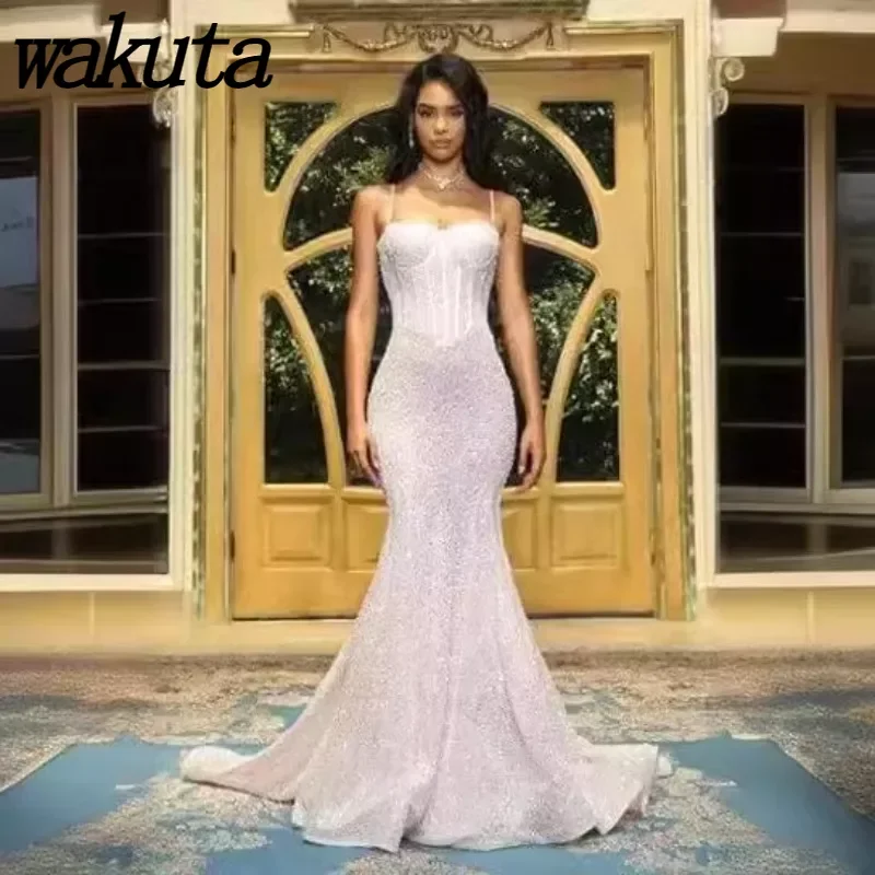 

Wakuta Sexy Spaghetti Straps Sleeveless Sequin Gowns Solid Slim Fitting Suspender Banquet Dress Graduation Ceremony Vestidos