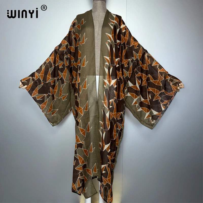WINYI summer Kimono Print coat Long Sleeve Cardigan abaya muslim woman Cover Up boho dress kaftan abaya dubai luxury caftan