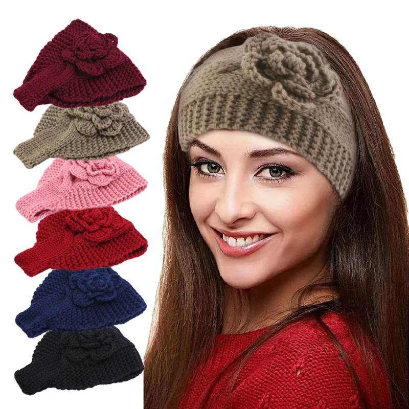 Autumn Winter Women Flower Knitted Headbands Crochet Head Wrap Wide Woolen Hairband Turban Outdoor Ear Warmer Hair  Accessories