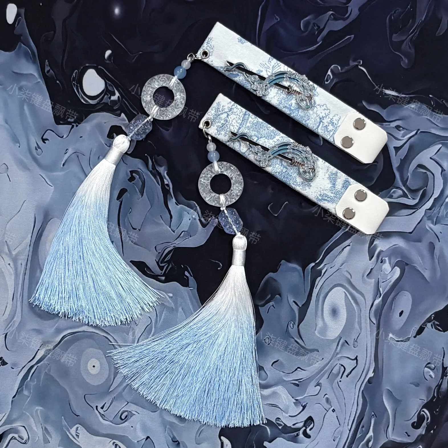 

Blue Snow Mountain Themed Keyboard Ribbon Custom Original Handmade Artisan Tassel Strap for Mechanical Keyboard Decorative Gift