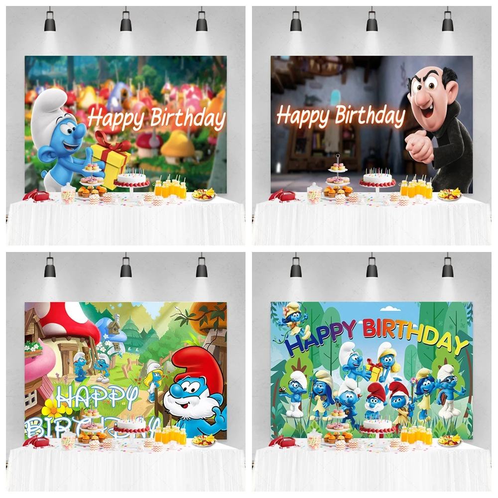 

Miniso Smurfs Birthday Party Decoration Background Baby Shower Cake Table Happy Birthday Poster Photography Studio Custom Props