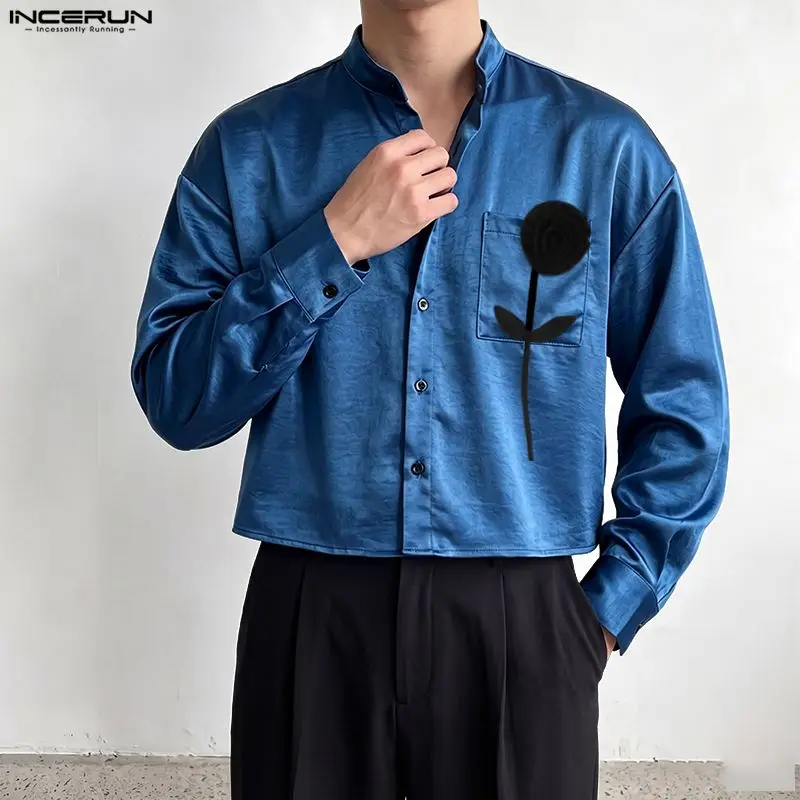 2026 Men Shirt Flower Patchwork Long Sleeve Stain Streetwear Men Clothes Fashion Loose Casual Crop Tops For Man Camisas INCERUN