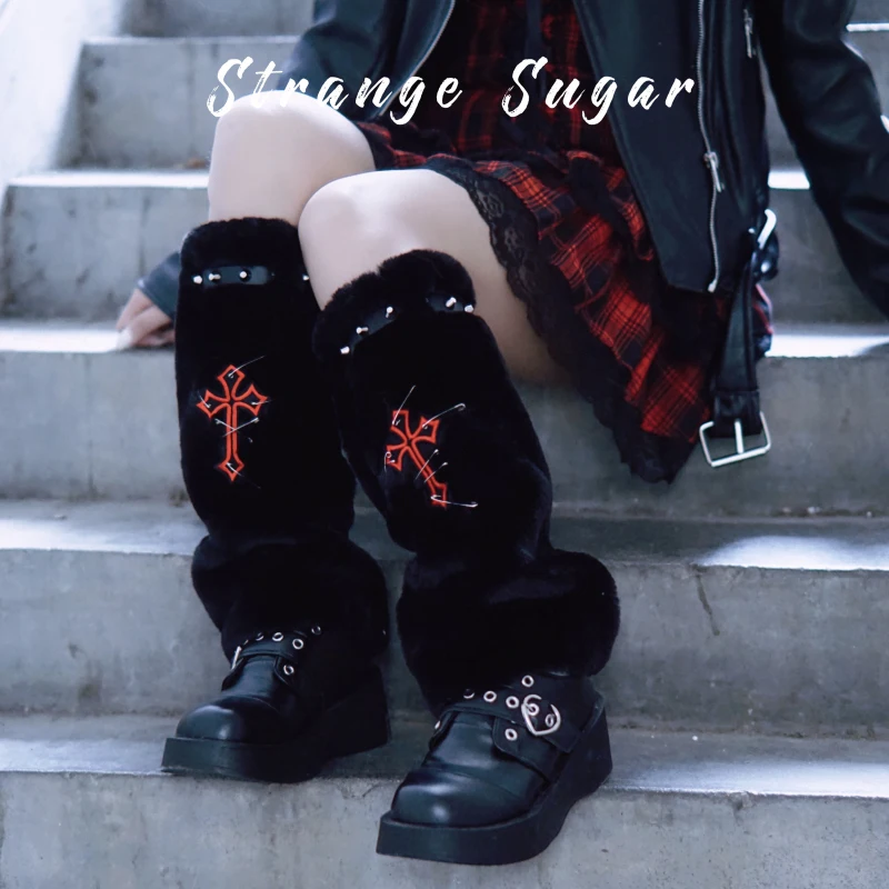 

Y2k вязаные длинные носки для женщин осень-зима вязаные крючком модные чулки с крестом Лолита сексу однотонные ботинки манжеты носки с оборками для девочек